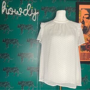 NWOT LOFT White and Gold Polka Dot Ruffle Flowy Short Sleeve Blouse Size SP